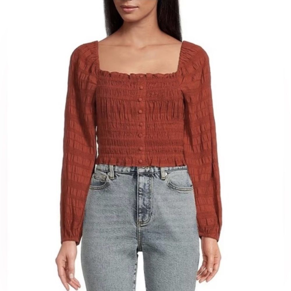 GIANNI BINI Rylee Square Neck Rust Button Front Long Sleeve Blouse - Small - NWT